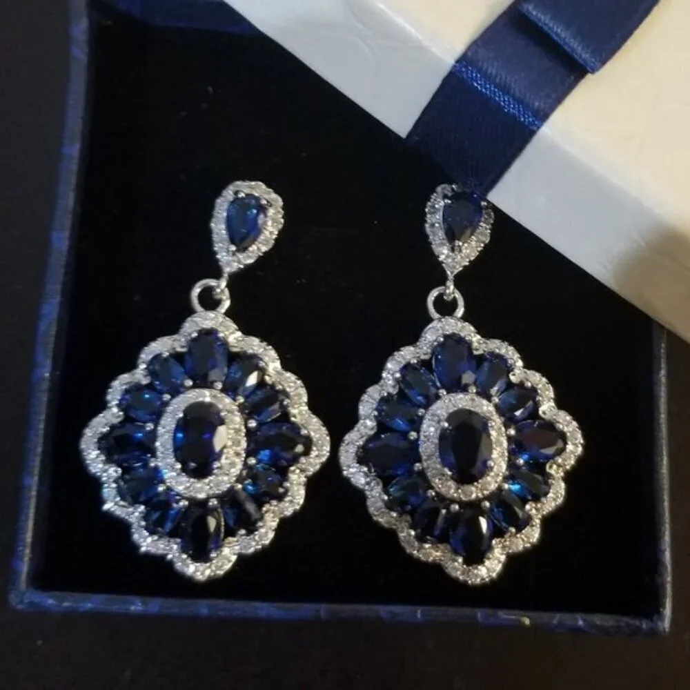 Swarovski Blue Crystal Floral Chandelier Women's Elegant Earrings